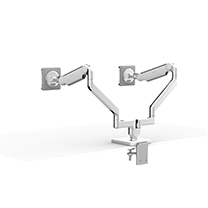 M2.1 Monitorarmen met dubbele tweedelige bevestigingsklem aan de basis, gepolijst aluminium met witte rand