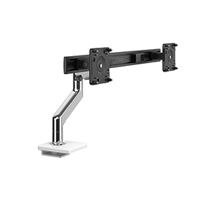 M8.1 Monitorarm met zwarte crossbar, uitschuifbare bureaubladklem, 25 mm, gepolijst aluminium met witte rand