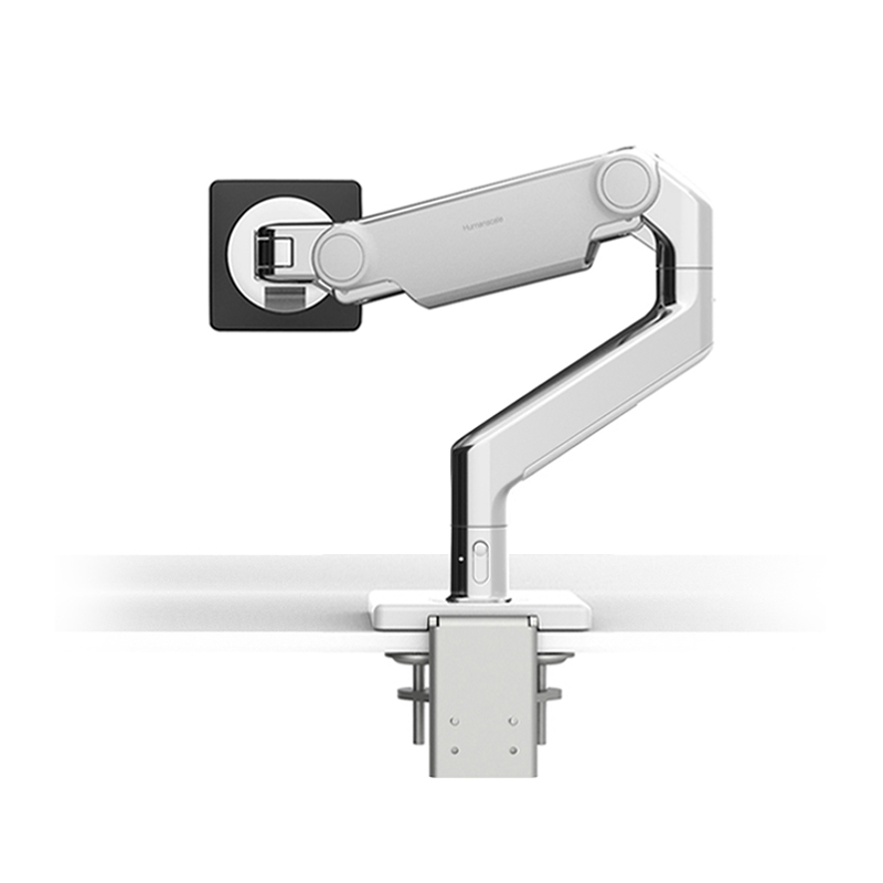 M8.1 MONITOR ARM WITH TWO-PIECE CLAMP MOUNT BASE, POLISHED ALUMINIUM WITH WHITE TRIM
