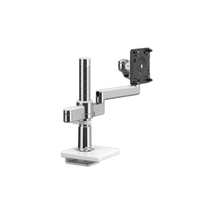 M/Flex met M2.1 monitorarm met uitschuifbare bureaubladklem van 25 mm, gepolijst aluminium met witte rand.