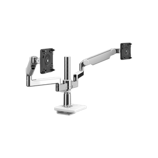 M/Flex met dubbele M2.1 monitorarm met uitschuifbare bureaubladklem van 25 mm, gepolijst aluminium met witte rand