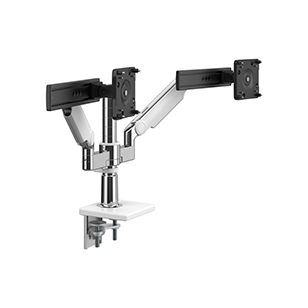 M/Flex met M2.1 monitorarmen en glijder (2), dubbele steun voor monitorarm, tweedelige klemvoet, gepolijst aluminium met witte detaillering
