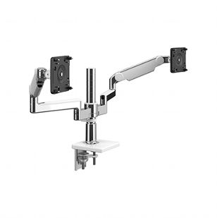 M/Flex met dubbele M2.1 monitorarm met klembevestiging, gepolijst aluminium met witte rand.